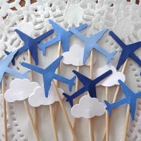 Blue Airplanes and Small Cloud Cupcake Toppers - Navy Blue Medium Blue and Light Blue Planes - Party Picks - Jet Food Picks - (Set of 24)