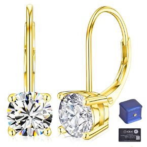 925 Sterling Silver Moissanite Earrings-2.0ct (1ct x 2) D Color Round Cut Lab Created Diamond Earrings, 14K Gold Plated Leverback Earrings for Women, Drop Earrings (Moissanite-2Ct(1ct*2) Gold)