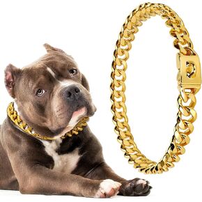 Gold Dog Chain Collars 18K Metal Chain Dog Collar, Puppy Girl Boy Cuban Link Dog Collar with Design Secure Buckle for Small Medium Large Dogs (26" (Neck 24" -25.5"), Gold)