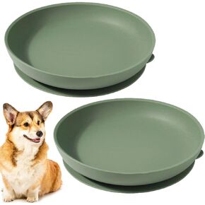 Silicone Dog Bowl Set of 2 Flat Puppy Food & Water Dish Less Mess Cat Dry Food Plates with Suction Cup Non-Tippable Feeding Bowls for Small & Medium-Sized Pets (Round White)
