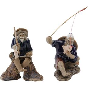 Cabilock 2pcs Mini Fisherman Figurines Ceramics Chinese Mudman Sitting Fishing Garden Statue Ornament for Fish Tank Micro Landscape Bonsai Fairy Garden Decorations