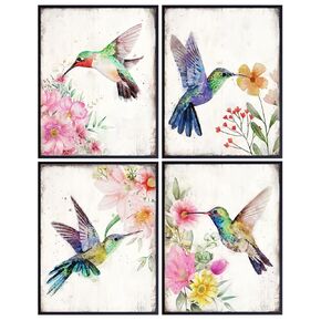 Hummingbirds Wall Art - Pink Blue Green Country Floral Shabby chic Decor- Bedroom Decor for Women - Cute Living room Wall Decor - Girls Room Decor Poster Set - Farmhouse print decoration UNFRAMED 8X10