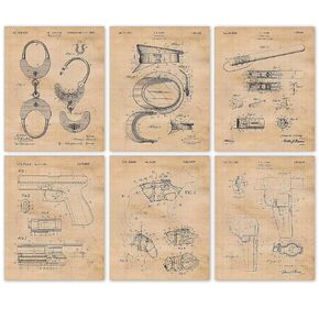Vintage Law Police Officer Patent Prints, 6 (8x10) Unframed Photos, Wall Art Decor Gifts for Home Office Work Garage Shop School Cadet Academy Student Teacher Coach Enforcement Life ER Training Fans