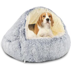 Hooded with Supports Dog Bed,Deluxe Plush Dog Cave Bed for Medium Small Dogs, Warming Cozy Soft Faux Fur Donut Calming Anti-Anxiety Pet Bed,Removable Washable Cover and Anti Slip Bottom