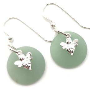 NEW! Dark Sea Foam Green Sea Glass Dangle Charm Earrings on Sterling Silver Hooks with Sterling Silver Bee Charms