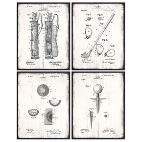 Golf Balls, Clubs, Tees, Bags Patent Print Wall Art - Rustic Room Decor for Office, Man Cave, Den, Living Room - Gift for Men, Teens, Guys, Golfing Sports Fan, Golfer - Sign Print Photo Plaque Set