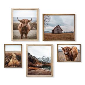 Highland Cow Pictures Wall Art - Southern Farm House Animal - Old West Ranch Room Decor - Country Print - Rustic Farmhouse Bathroom Poster - Boho Western Decor - Gift for Cowboy Men Cowgirl - Set of 5
