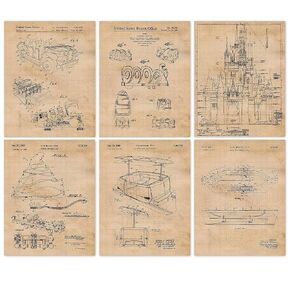 Vintage Amusement Park Rides Patent Prints, 6 (8x10) Unframed Photos, Wall Art Decor Gifts for Home Walter Disney Office Work Garage Shop School College Student Teacher Coach Roller Coaster Fans