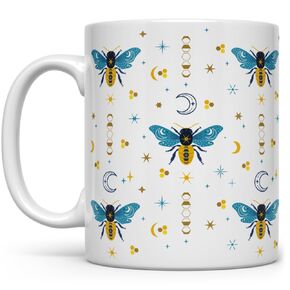 Celestial Bee Pattern Ceramic Coffee Mug, Honeycomb Moon Stars Tea Cup, Gift for Women Friend Coworker (15oz)