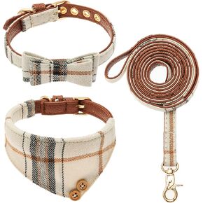 Leather Small Dog Collar and Leash Set - Plaid Bow Tie & Bandana Cute Dog Collar with Bell - Adjustable Pet Collars with Walking Leash for Small Dog Puppy Cat