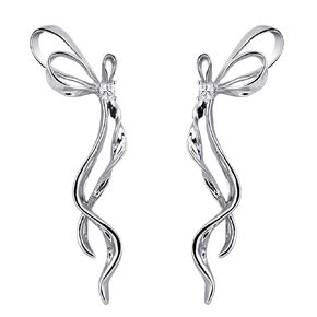 Ribbon Earrings Silver Bow Earrings for Women Sterling Silver Statement Earrings Trendy Earrings Dangly Earrings for Woman Valentines Day Earrings