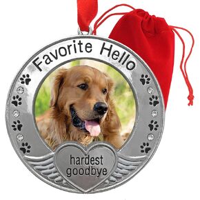 Pet Memorial Ornament - Picture Ornament for a Dog or Cat - Engraved with The Saying Favorite Hello, Hardest Goodbye - Pet Remembrance - Gift/Storage Bag Included