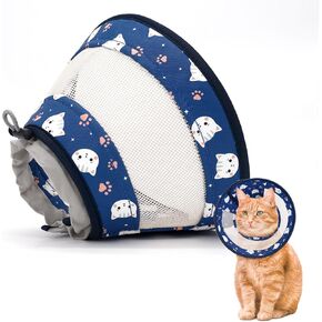Cat Cone, Breathable Cat Cone Collar Soft, Adjustable Cat Cone to Stop Licking, Water Resistant Neck Cone for Cats with Air Mesh, Protective Cat Recovery E Collar for Cat Kitten（Blue Cat,S