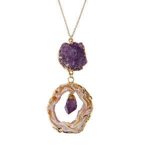 T. VICTORIA - Purple Amethyst Cluster Agate Slice Geode Drop Gemstone Pendant
