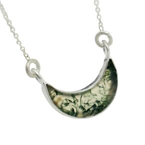 Tiny Crescent Moon Moss Agate Gemstone Necklace, Cut Green Moss agate Necklace, Natural Moss Agate Pendant, Moss Agate Necklace, Gift For Her,