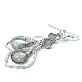 Sterling Silver Green Amethyst Earrings Marquise Hammered Hoops Gemstone Dangles