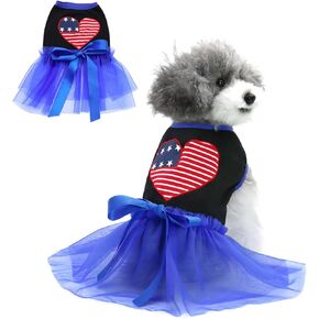 NACOCO Independence Day USA Flag Dog Dress Puppy Princess Costume Heart Wedding Outfit with Pet Blue Red love Lace Pattern Clothing Girl Skirt for Small and Medium Dogs Cat (X-Small)