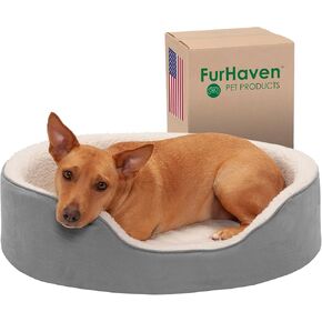 Furhaven Orthopedic Dog Bed for Large/Medium Dogs w/ Removable Washable Cover, For Dogs Up to 30 lbs - Sherpa & Suede Oval Lounger - Gray, Large