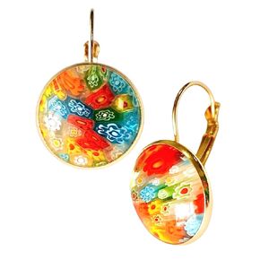 Murano Style Glass Earrings, Colorful Daisy Earrings, Murano Glass Jewelry, Handmade Multicolor Millefiori Glass Beads Earrings, Gold/Silver Plated Leverback Earrings, Dangle Earrings (Gold)