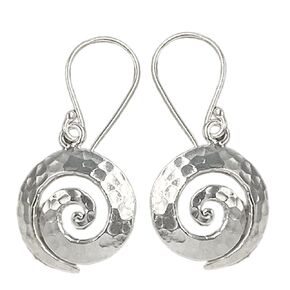 Sterling Silver Hammered Spiral Dangle Earrings, Hippie Boho Tribal Shiny Convex Swirl, Symbol of the journey of Spirit, Gift for Her