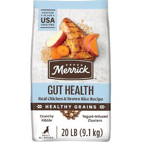 Merrick Gut Health Recipe, Healthy Grains Natural Chicken and Rice Dry Dog Food with Yogurt-Infused Clusters - 4 lb. Bag