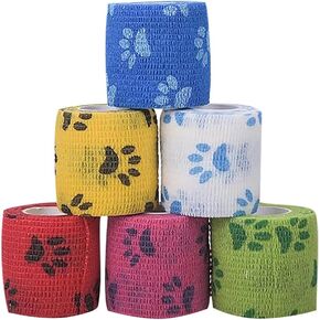 6 Rolls 5 Yards x 5cm Paw Print Self Adhesive Bandage Sticky Vet Bandage Tape Elastic Pet Wrap Bandage Self Adhesive Wrapping Bandage