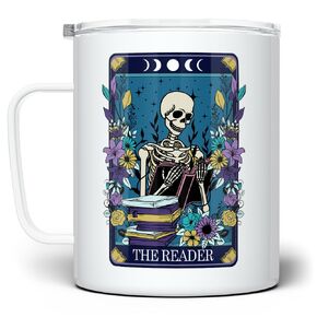 The Reader Tarot Card Insulated Travel Coffee Mug with Lid, Book Collector Reading Lover Cup, Fun Occult Witchy Bookish Bookworn Bibliophile Gifts (18oz)