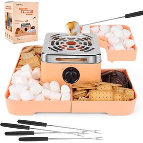 Smores Maker Tabletop Indoor Kit, Flameless Electric Marshmallow Roaster with 4 Removable Smores Trays & 4 Roasting Sticks for Chocolate, Movie Night Supplies & Kitchen Gift-Peach Color