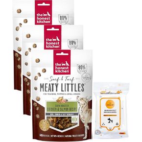 Aurora Pet Bundle (3) Harvest Surf & Turf Meaty Littles Dog Treats (Chicken & Salmon Recipe, 4-oz Bags) with AuroraPet Wipes