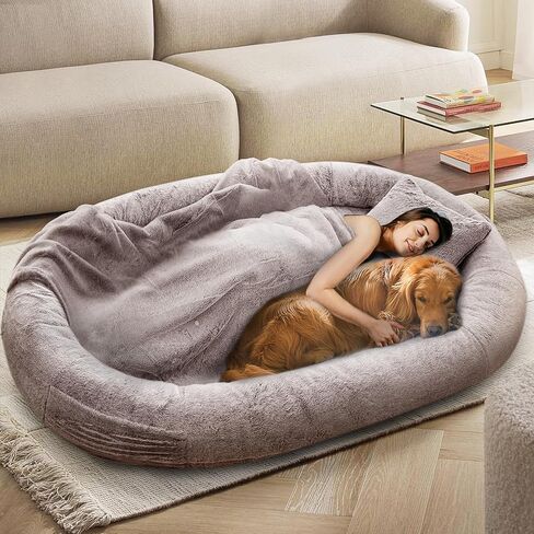 NESTROAD Human Dog Bed,71"x45"x14" Human Size Giant Dog Bed for Adults and Pets,Washable Faux Fur Cover Dog Bean Bag Bed for Humans with Blanket and Pillow,Camel in Kuwait