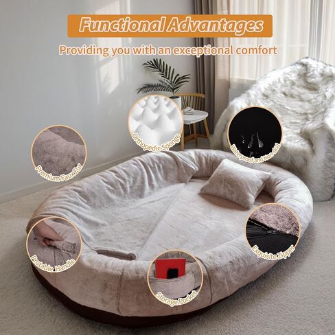 NESTROAD Human Dog Bed,71"x45"x14" Human Size Giant Dog Bed for Adults and Pets,Washable Faux Fur Cover Dog Bean Bag Bed for Humans with Blanket and Pillow,Camel in Kuwait