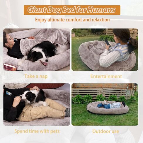 NESTROAD Human Dog Bed,71"x45"x14" Human Size Giant Dog Bed for Adults and Pets,Washable Faux Fur Cover Dog Bean Bag Bed for Humans with Blanket and Pillow,Camel in Kuwait