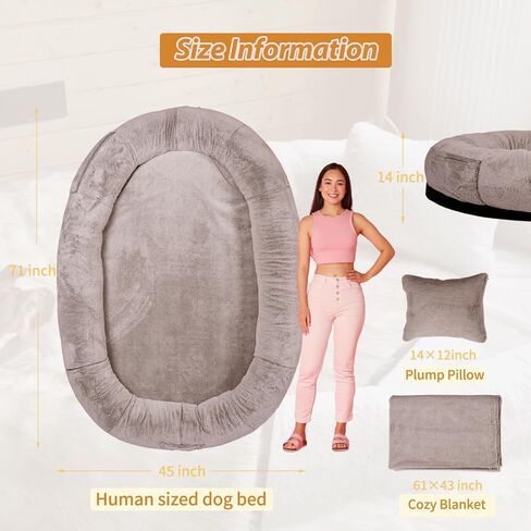 NESTROAD Human Dog Bed,71"x45"x14" Human Size Giant Dog Bed for Adults and Pets,Washable Faux Fur Cover Dog Bean Bag Bed for Humans with Blanket and Pillow,Camel in Kuwait