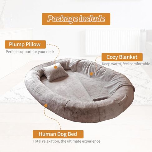 NESTROAD Human Dog Bed,71"x45"x14" Human Size Giant Dog Bed for Adults and Pets,Washable Faux Fur Cover Dog Bean Bag Bed for Humans with Blanket and Pillow,Camel in Kuwait