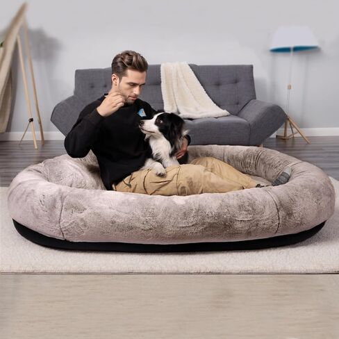 NESTROAD Human Dog Bed,71"x45"x14" Human Size Giant Dog Bed for Adults and Pets,Washable Faux Fur Cover Dog Bean Bag Bed for Humans with Blanket and Pillow,Camel in Kuwait