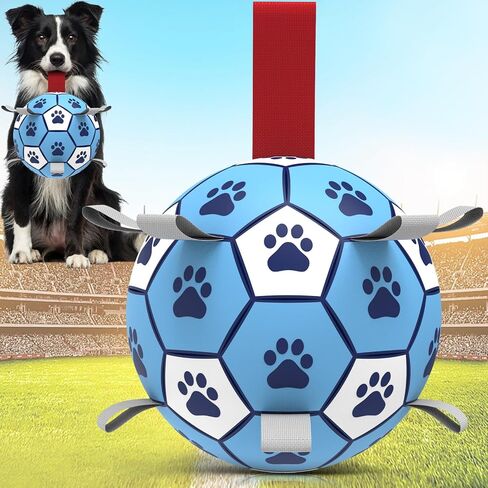 Dog Toys Soccer Ball with Straps - Durable Dog Balls for Large Dogs, Outdoor Dog Toys, Summer Dog Water Toy, Herding Ball, Puppy Dog Birthday Gifts, Yellow Blue (8 Inch) in Saudi Arabia
