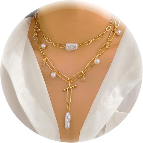 Dainty Layered Pearl Necklace for Women Trendy, 14K Gold Plated Artificial Baroque Pearl Necklace, Vintage Chunky Pearl Choker Necklace Toggle Clasp Gold Pearl Necklace Jewelry Girls in Kuwait