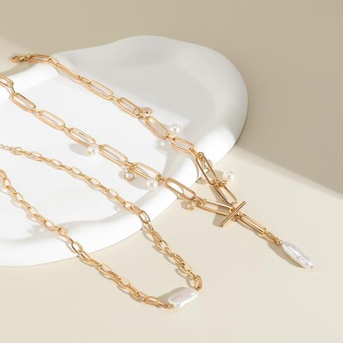 Dainty Layered Pearl Necklace for Women Trendy, 14K Gold Plated Artificial Baroque Pearl Necklace, Vintage Chunky Pearl Choker Necklace Toggle Clasp Gold Pearl Necklace Jewelry Girls in Kuwait