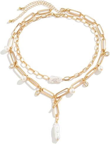 Dainty Layered Pearl Necklace for Women Trendy, 14K Gold Plated Artificial Baroque Pearl Necklace, Vintage Chunky Pearl Choker Necklace Toggle Clasp Gold Pearl Necklace Jewelry Girls in Kuwait