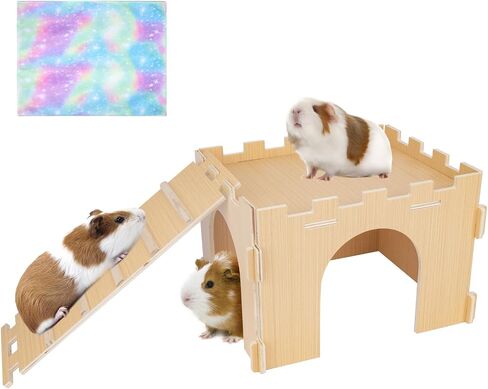 Guinea Pig Hideout,Guinea Pig House with Stairs and Waterproof Mats,Guinea Pig Cages Wooden Accessories Toys for Small Animals Hamsters Bunny Chinchillas Hiding Playing,Easy to Clean(Single) in Saudi Arabia