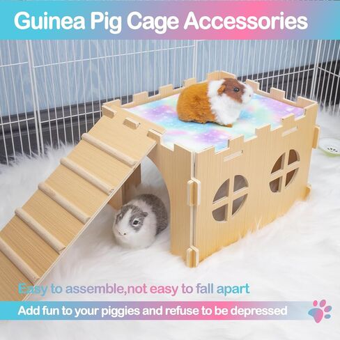 Guinea Pig Hideout,Guinea Pig House with Stairs and Waterproof Mats,Guinea Pig Cages Wooden Accessories Toys for Small Animals Hamsters Bunny Chinchillas Hiding Playing,Easy to Clean(Single) in Saudi Arabia