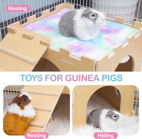 Guinea Pig Hideout,Guinea Pig House with Stairs and Waterproof Mats,Guinea Pig Cages Wooden Accessories Toys for Small Animals Hamsters Bunny Chinchillas Hiding Playing,Easy to Clean(Single) in Saudi Arabia