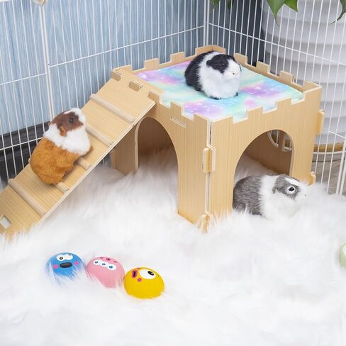 Guinea Pig Hideout,Guinea Pig House with Stairs and Waterproof Mats,Guinea Pig Cages Wooden Accessories Toys for Small Animals Hamsters Bunny Chinchillas Hiding Playing,Easy to Clean(Single) in Saudi Arabia