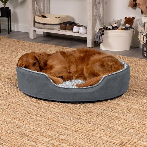 Furhaven Dog Bed for Large Dogs w/ Removable Washable Cover & Pillow Cushion Insert, For Dogs Up to 55 lbs - Two-Tone Faux Fur & Suede Oval Lounger - Gray, XL/Extra Large in Saudi Arabia