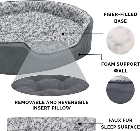 Furhaven Dog Bed for Large Dogs w/ Removable Washable Cover & Pillow Cushion Insert, For Dogs Up to 55 lbs - Two-Tone Faux Fur & Suede Oval Lounger - Gray, XL/Extra Large in Saudi Arabia
