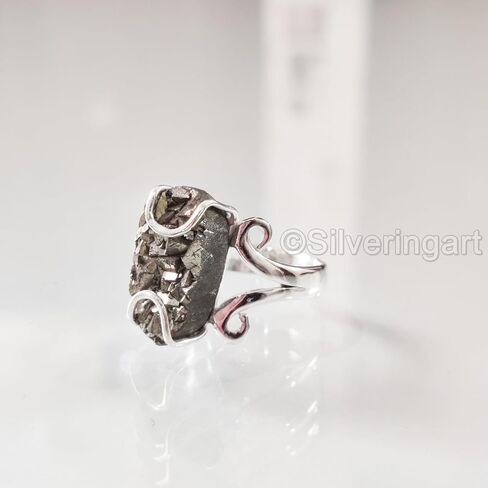 Natural Pyrite Ring, Rough Pyrite Gemstone Ring, Money Catching Power, Hippie Wire Ring, 925 Sterling Silver, Womens Ring, Christmas, Thanksgiving, Statement Jewelry, Rough Gemstone Jewelry (10) in Saudi Arabia