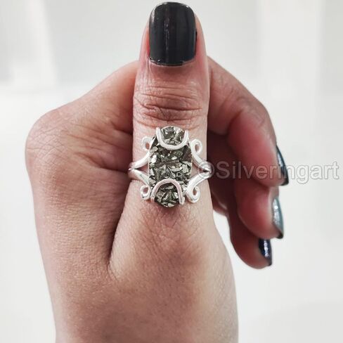 Natural Pyrite Ring, Rough Pyrite Gemstone Ring, Money Catching Power, Hippie Wire Ring, 925 Sterling Silver, Womens Ring, Christmas, Thanksgiving, Statement Jewelry, Rough Gemstone Jewelry (10) in Saudi Arabia