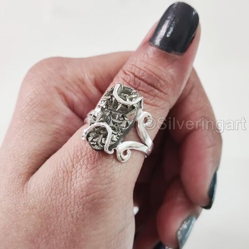 Natural Pyrite Ring, Rough Pyrite Gemstone Ring, Money Catching Power, Hippie Wire Ring, 925 Sterling Silver, Womens Ring, Christmas, Thanksgiving, Statement Jewelry, Rough Gemstone Jewelry (10) in Saudi Arabia