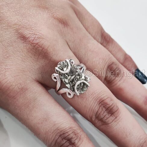 Natural Pyrite Ring, Rough Pyrite Gemstone Ring, Money Catching Power, Hippie Wire Ring, 925 Sterling Silver, Womens Ring, Christmas, Thanksgiving, Statement Jewelry, Rough Gemstone Jewelry (10) in Saudi Arabia