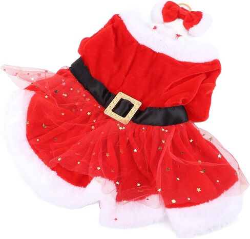 Santa Christmas Pet Costume, Christmas Santa Claus Dog Cat Costume with Headdress, Funny Pet Christmas Mesh Dress Cosplay Winter Warm Clothes Outfit Apparel Adjustable for Dogs in Saudi Arabia